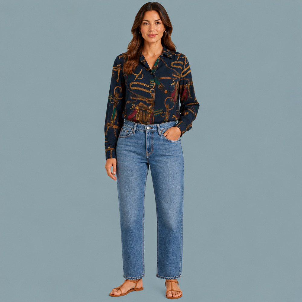 Pendleton Size 6 Blue Equestrian Horse Print Collared Button Long Sleeve Top
